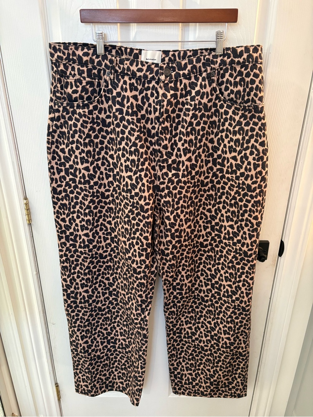 Reformation Leopard Print Straight Leg Pants in Tan and Black